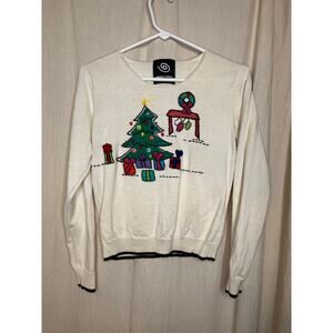 1990s Michael Simon Christmas Felted Scenic Art To Wear Sequins Beaded Sweater S